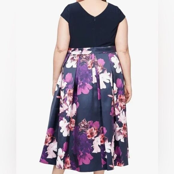 Plus Size Fit & Flare High Low Midi Dress Floral Belted Cap Sleeve Navy 20W NWT - Picture 11 of 13
